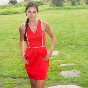 Gretchen Scott Designs Red Sleeveless V-Neck Dress with White Piping